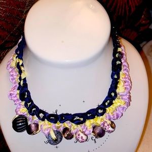 Beautiful Vintage, pink/yellow/navy and lilac ribbon crochet necklace. W/beads